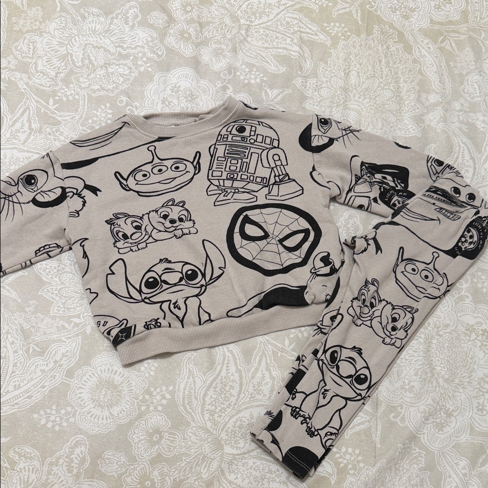 Zara Beige and Black Character Print Kids Matching Set